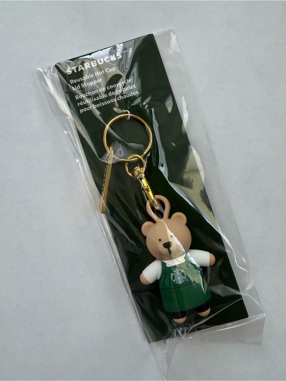 Starbucks Bear Keychain Reusable Hot Cup Lid Stopper Green & Tan Bear in Apron